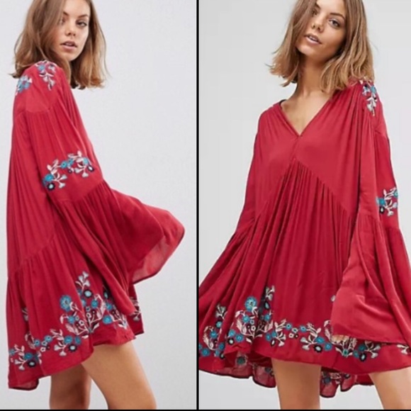 Free People Dresses & Skirts - Free People Te Amo Babydoll Mini Dress Floral Embroidered Bell Sleeve Empire